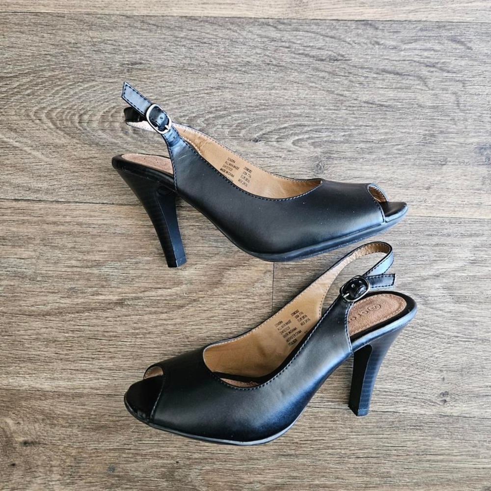 Classic Black Peep Toe Slingback Heels – George Kitten Heel